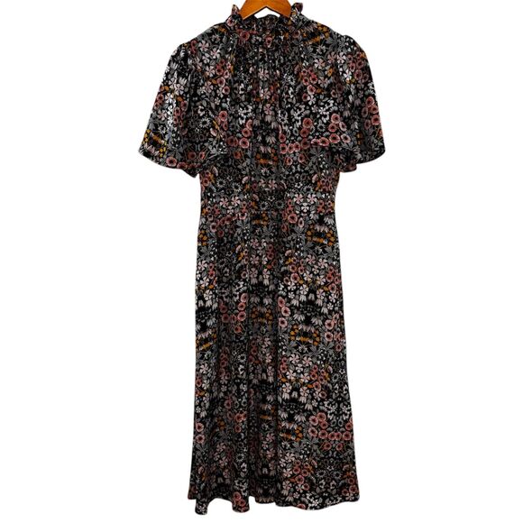 Julia Jordan Flutter Sleeve Ruffle Mock Neck Midi Dress Floral Black Size 8 - Picture 3 of 8